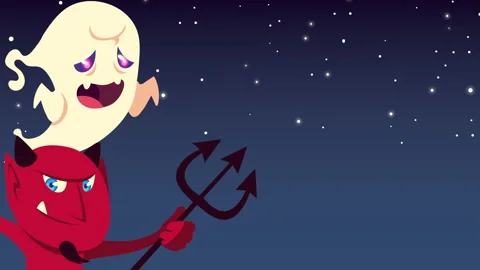 Happy halloween animation with devil lifting trident and ghost 動画素材 138848945