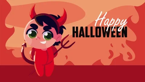 Happy halloween animation featuring small boy in red demon costume with tri.. Stock Footage 333546960