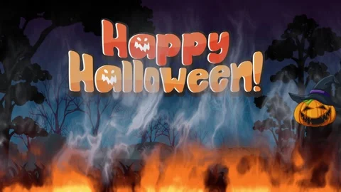 Happy Halloween Animation with Floating Jack O Lanterns and Fire Vídeo Stock 342314862