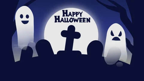 Happy Halloween Animation – Spooky Ghost Graveyard Motion Graphics Stock Footage 338166842