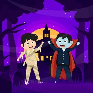 Happy Halloween background design vector with kids in Halloween costumes Stock Illustration