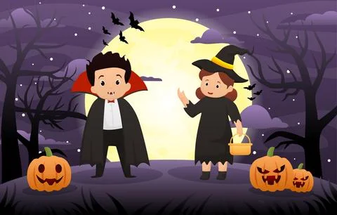 Happy Halloween background design vector with kids in Halloween costumes Stock Illustration