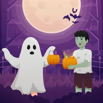 Happy Halloween background design vector with kids in Halloween costumes Stock Illustration