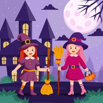 Happy Halloween background design vector with kids in Halloween costumes. Stock Illustration