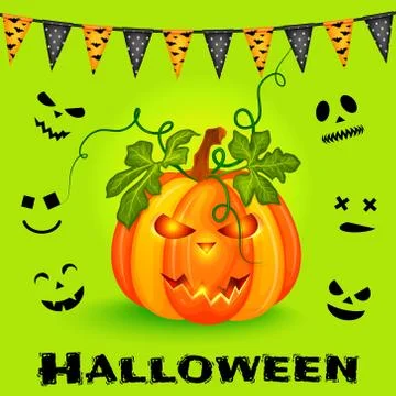 Happy halloween background with pumpkin, faces and flags garland. Vector illu Stock Illustration