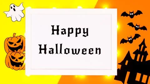 Happy Halloween background with text in frame, scary stickers and laterns on  Stock Illustration
