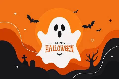 Happy Halloween Background Vector. Cute Ghost, Bats and Spooky Night Illustrazione stock