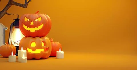 Happy Halloween banner background with pumpkins and copy space in realistic 3 Stock Illustration