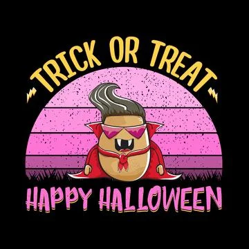 Happy Halloween banner background with vector cartoon Dracula potato with fangs Illustrazione stock