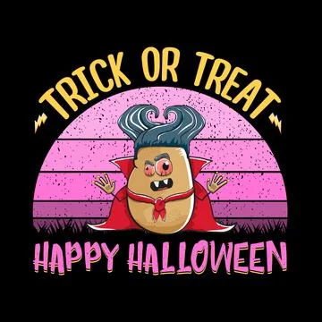Happy Halloween banner background with vector cartoon Dracula potato with fangs Stock Illustration