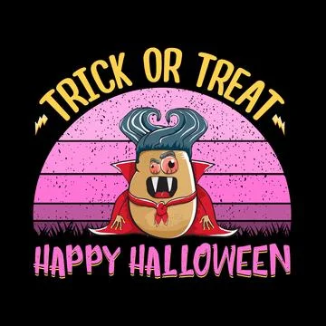 Happy Halloween banner background with vector cartoon Dracula potato with fangs Illustrazione stock