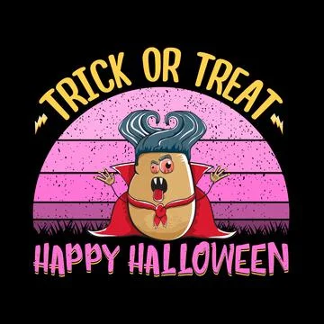 Happy Halloween banner background with vector cartoon Dracula potato with fangs Illustrazione stock