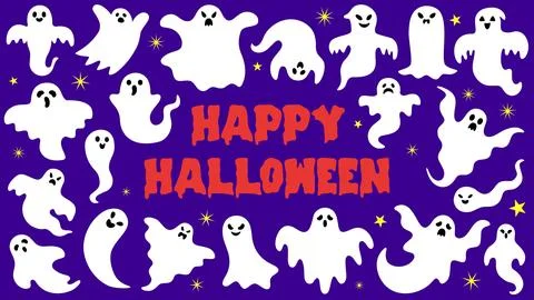 Happy Halloween Banner with White Ghosts Pattern on Purple 스톡 일러스트