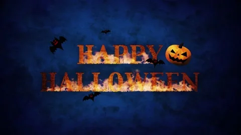 Happy Halloween, burning logo with pumpkins and bats on blue background Stock Footage 210818519