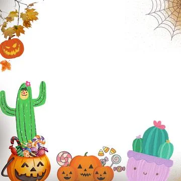 Happy Halloween cactus vector border frame illustration cartoon style design Stock Illustration