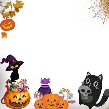 Happy Halloween cat kitty vector border frame illustration cartoon style design Stock Illustration