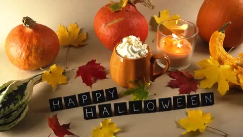 Happy Halloween composition with pumpkin spice latte Stock Footage 346594990