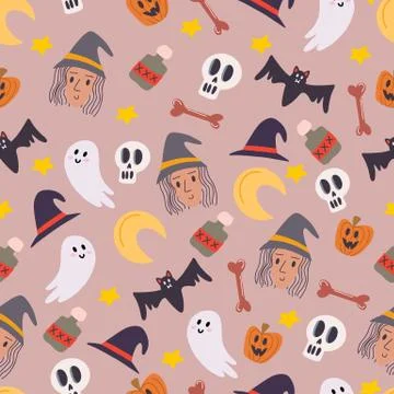 Happy halloween concept. Seamless pattern of halloween attributes. Beautiful  Illustrazione stock
