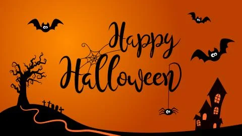 Happy Halloween creative lettering scene with cartoon style background. Stock Illustration