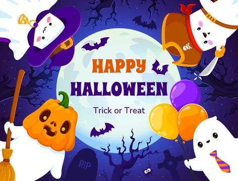Happy Halloween cute ghost characters card Stock Illustration