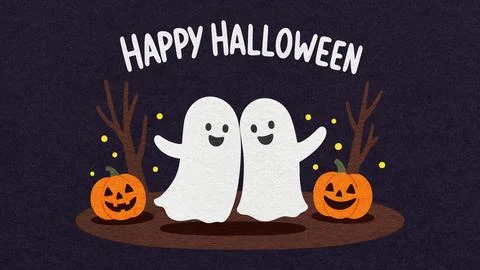 Happy Halloween cute ghosts hugging in autumn forest with pumpkin jack o lant Stock Illustration
