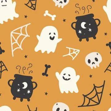 Happy Halloween cute vector seamless pattern with cartoon ghost. Creative 스톡 일러스트