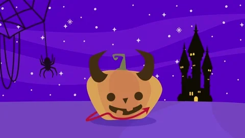 Happy halloween devil pumpkin and castle animation Stock Footage 160453440