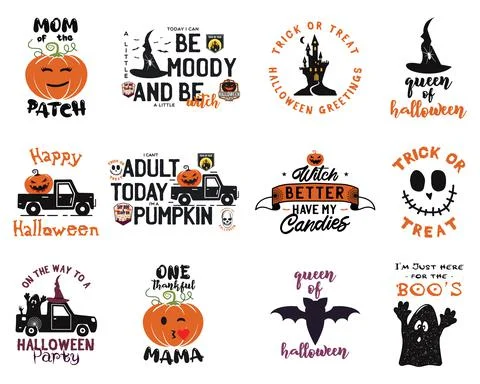 Happy Halloween emblems logo bundle. Holiday label designs collection with Stock Illustration