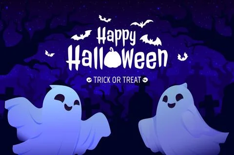Happy Halloween ghost characters at graveyard Stock Illustration