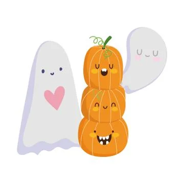 Happy halloween, ghosts and stack of pumpkins trick or treat party celebration Stock Illustration