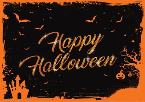 Happy Halloween glitter orange text with bats, pumpkin, house border Stock Illustration