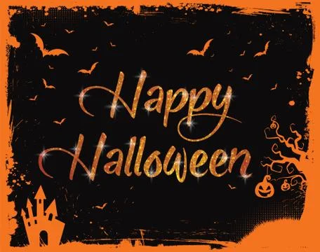 Happy Halloween glitter orange text with bats, pumpkin, house border Stock Illustration