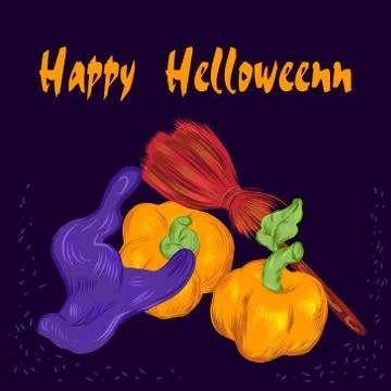 Happy Halloween greeting card with witches hat, broom and pumpkins, vector. Stock Illustration