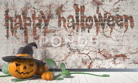 Happy Halloween greeting with Jack O Lantern pumpkin and green leafs on woode Stock Illustration