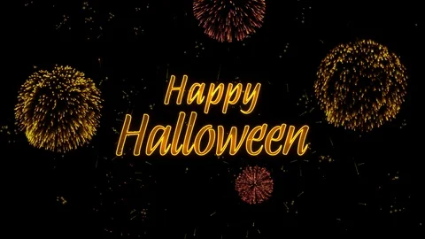 Happy Halloween Greeting text with particles, colored fireworks, sparks Stock Footage