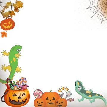 Happy Halloween lizard vector border frame illustration cartoon style design Stock Illustration