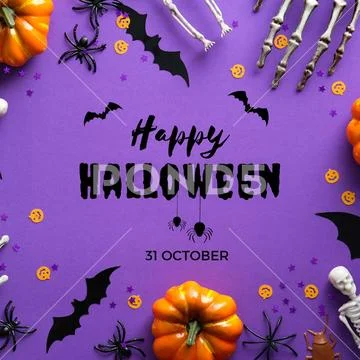 Happy halloween message, pumpkins, bats, spiders on purple layout PSD-Vorlage