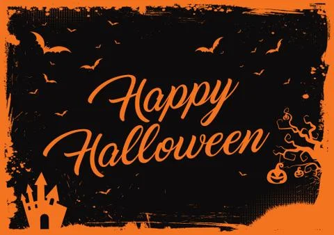 Happy Halloween orange text with bats, pumpkin, house border Stock Illustration