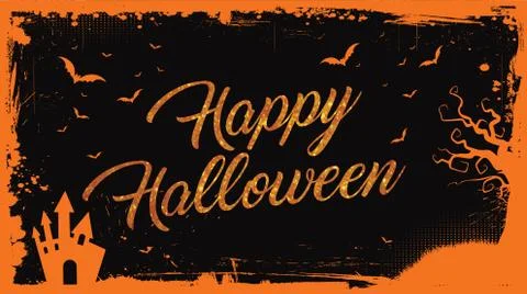 Happy Halloween orange text with bats, pumpkin, house border Stock Illustration