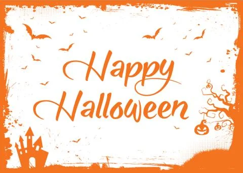 Happy Halloween orange text with bats, pumpkin, house border Stock Illustration
