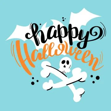 Happy Halloween party brush lettering calligraphy with skull, crossbones and  Stock Illustration