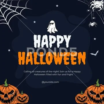 Happy halloween party invitation with ghost, pumpkins, spiders PSD Template
