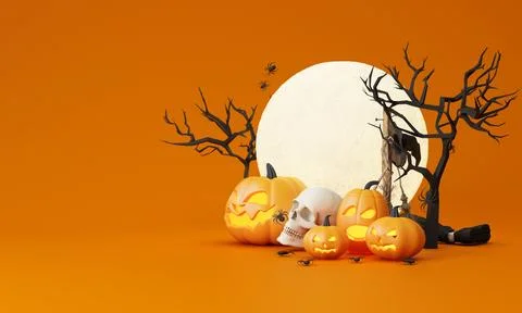 Happy Halloween party posters set with night clouds and pumpkins in cartoon i Stock Illustration