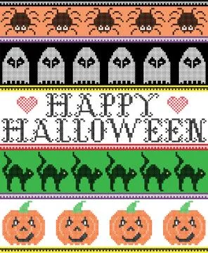 Happy Halloween pattern with cat, spider, ghost, heart, pumpkin Stock Illustration
