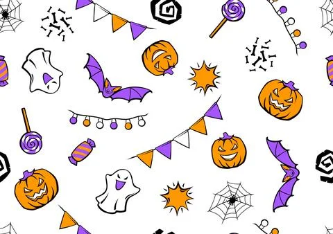Happy Halloween pattern. Holiday background with celebration items. Stock Illustration