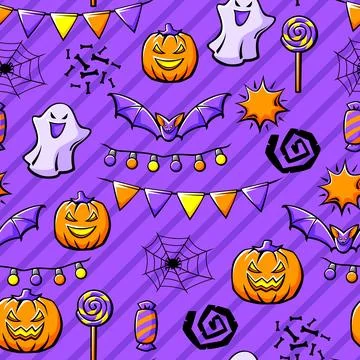 Happy Halloween pattern. Holiday background with celebration items. Stock Illustration