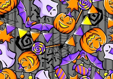 Happy Halloween pattern. Holiday background with celebration items. Stock Illustration
