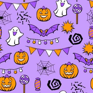 Happy Halloween pattern. Holiday background with celebration items. 스톡 일러스트