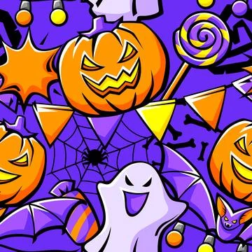 Happy Halloween pattern. Holiday background with celebration items. Stock Illustration