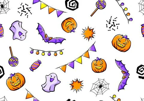 Happy Halloween pattern. Holiday background with celebration items. Stock Illustration